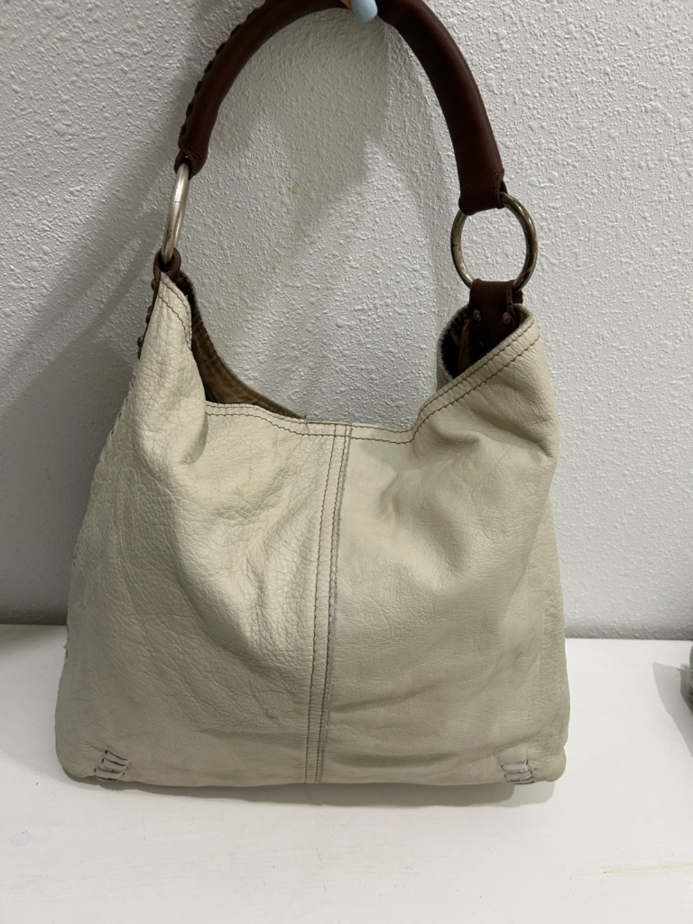 Vintage Y2K Lucky Brand Leather Large Shoulder Bag Cream Braided Handle Hobo